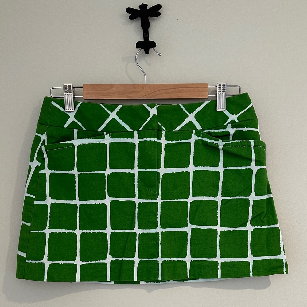 Trina Turk Green and White Grid Mini Skirt, zip front w/ pockets